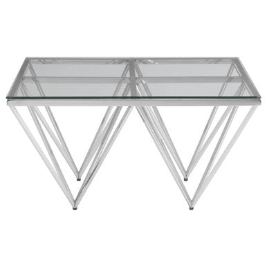 Allure clear glass square silver base coffee table, side angle