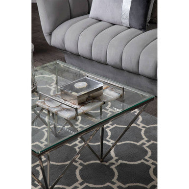 Allure clear glass square silver base coffee table, leg detail