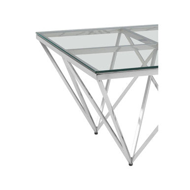 Allure clear glass square silver base coffee table, close up view 1