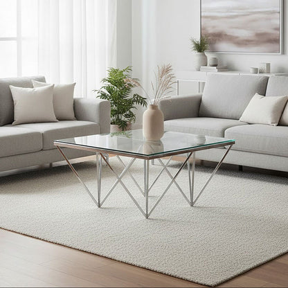 Allure clear glass square silver base coffee table, front view