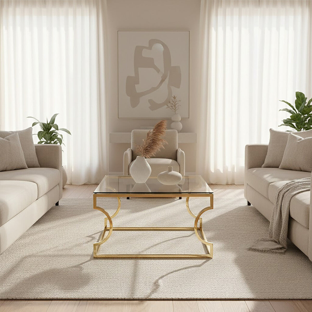 Allure gold curved frame coffee table, styled living room 1
