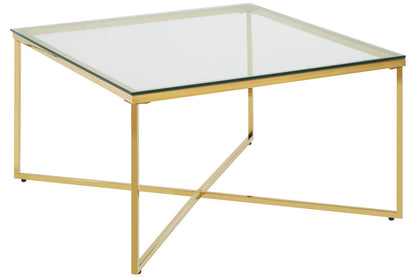 Allure gold square cross base coffee table, side angle