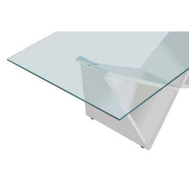 Allure silver finish rectangular coffee table with wing base, close up view 1