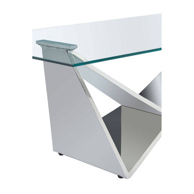Allure silver finish rectangular coffee table with wing base, close up view 2