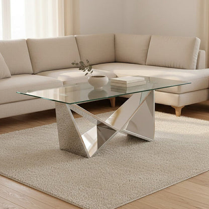 Allure silver finish rectangular coffee table with wing base, styled living room 1