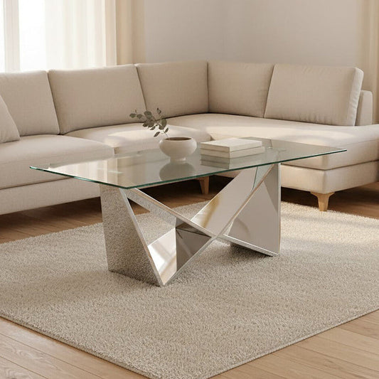 Allure silver finish rectangular coffee table with wing base, styled living room 1
