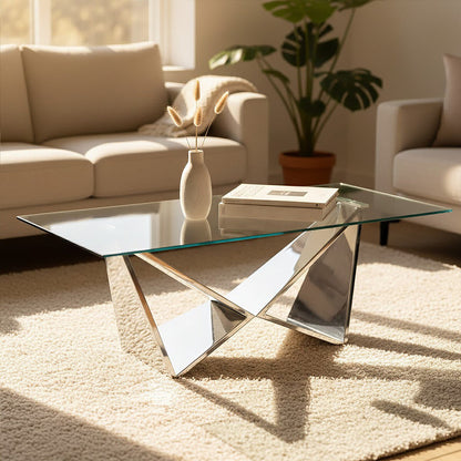 Allure silver finish rectangular coffee table with wing base, styled living room 2