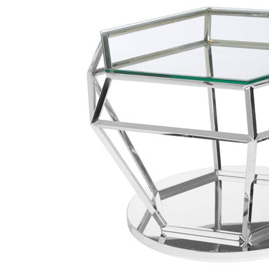 Allure clear glass silver finish diamond base coffee table, close up view 1