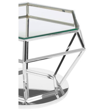 Allure clear glass silver finish diamond base coffee table, close up view 2