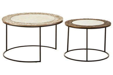 Akola antiqued glass nesting coffee tables, side angle