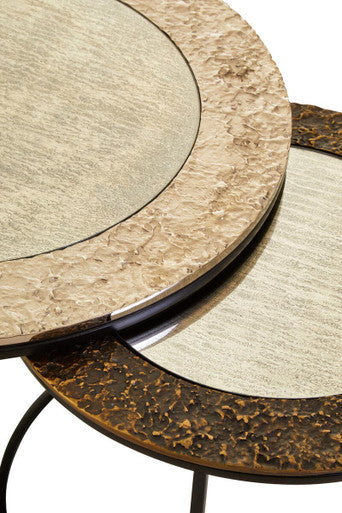 Akola antiqued glass nesting coffee tables, close up view 1