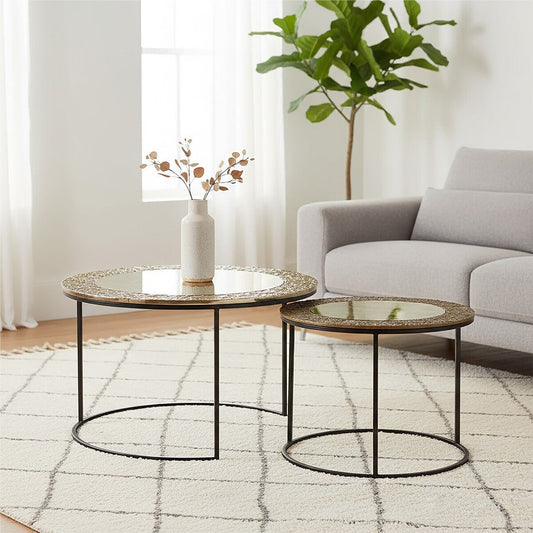 Akola antiqued glass nesting coffee tables, front view