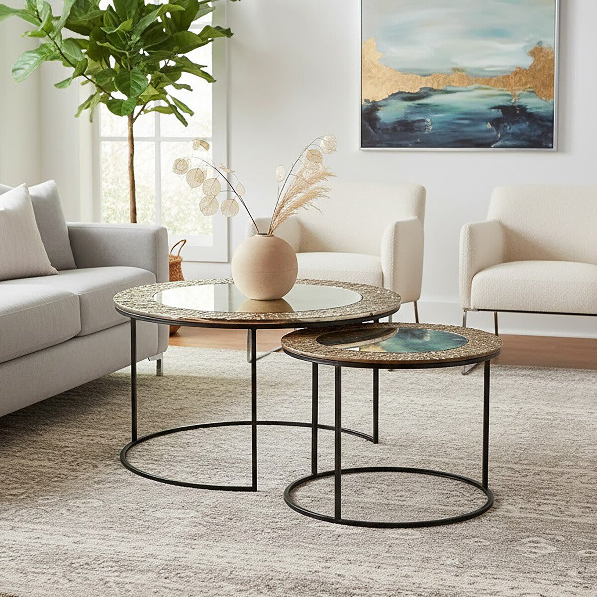 Akola antiqued glass nesting coffee tables, styled living room 1
