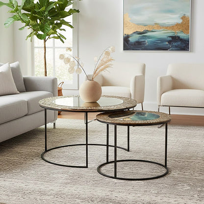 Akola antiqued glass nesting coffee tables, styled living room 1