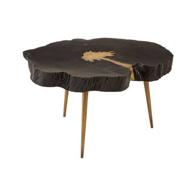 Asamra black acacia gold legs coffee table, side angle