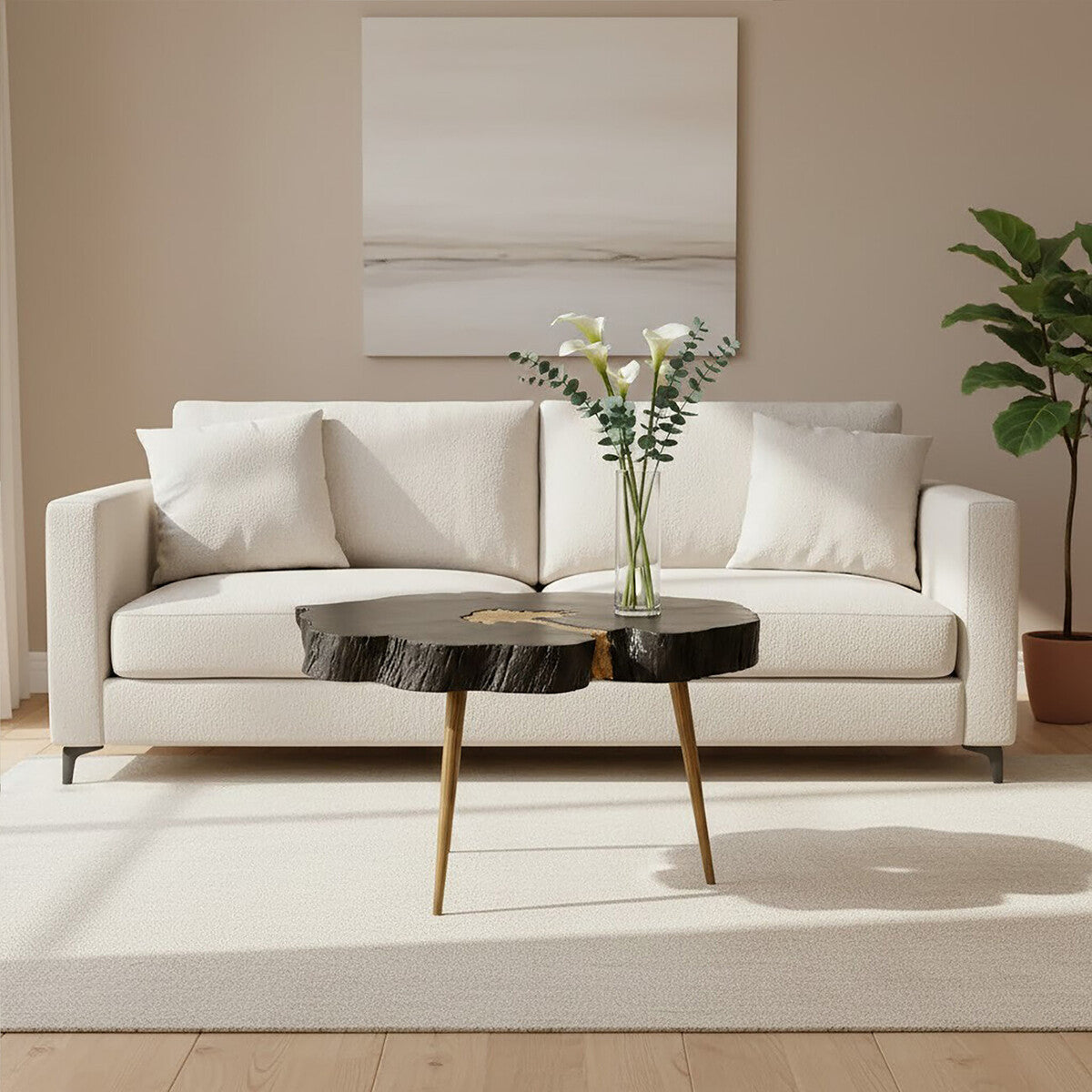 Asamra black acacia gold legs coffee table, styled living room 1