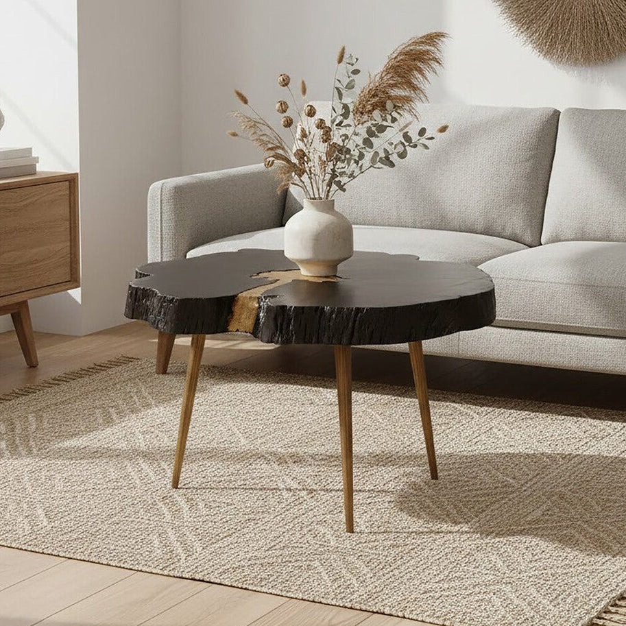 Asamra black acacia gold legs coffee table, front view