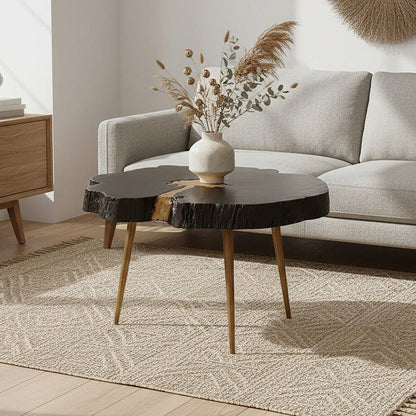 Asamra black acacia gold legs coffee table, front view