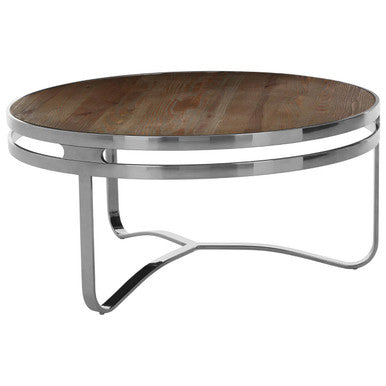 Richmond natural wood silver base round coffee table, tabletop detail