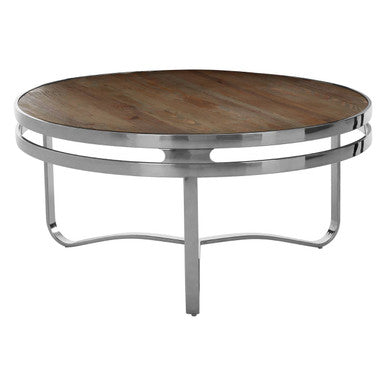 Richmond natural wood silver base round coffee table, side angle
