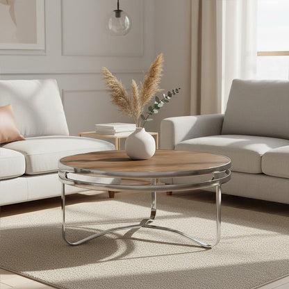 Richmond natural wood silver base round coffee table, front view