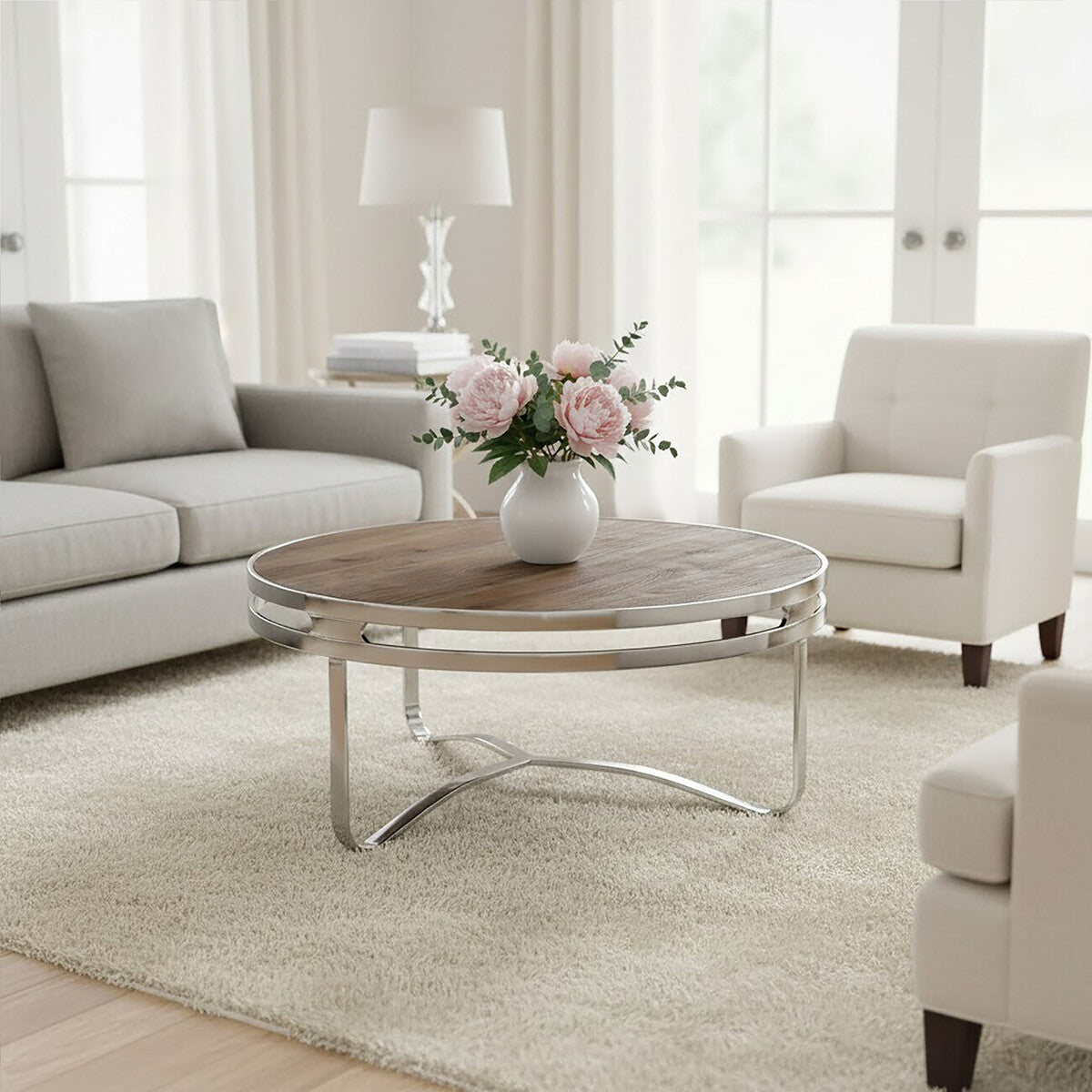 Richmond natural wood silver base round coffee table, styled living room 1