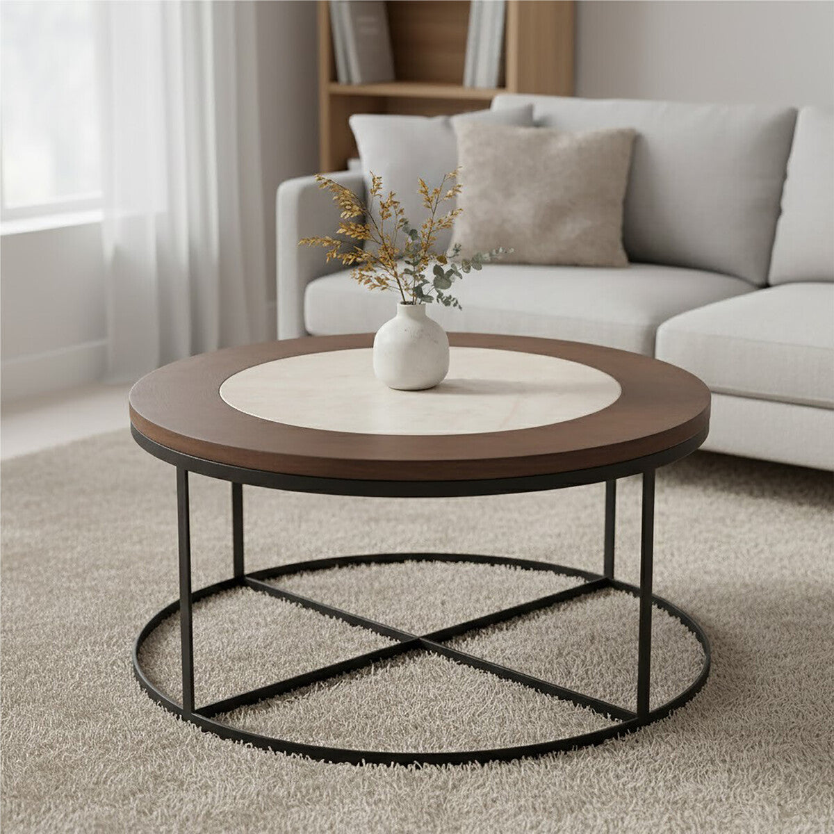 Vasco white marble black base coffee table, styled living room