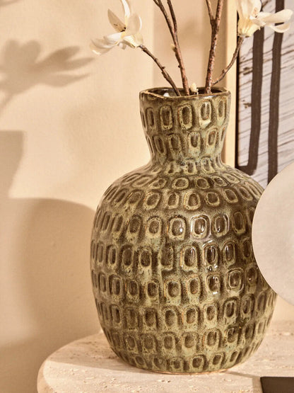 Yana Large Green Textured Ceramic Vase, 20 cm