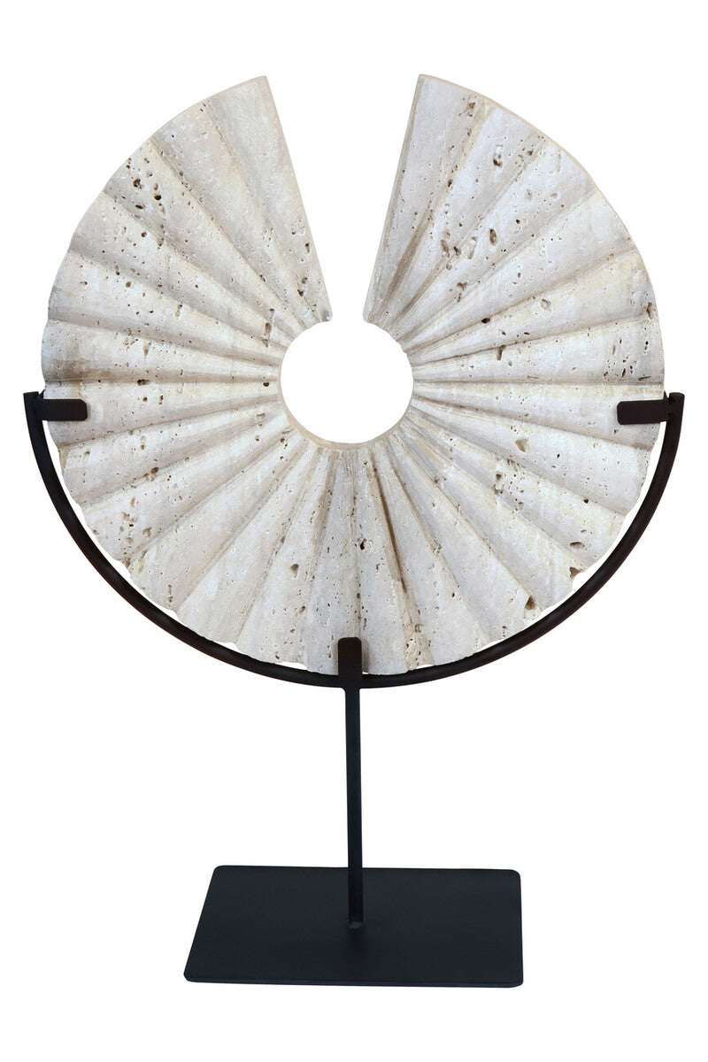 Tibor Ridged Travertine Disc Sculpture with Black Metal Base