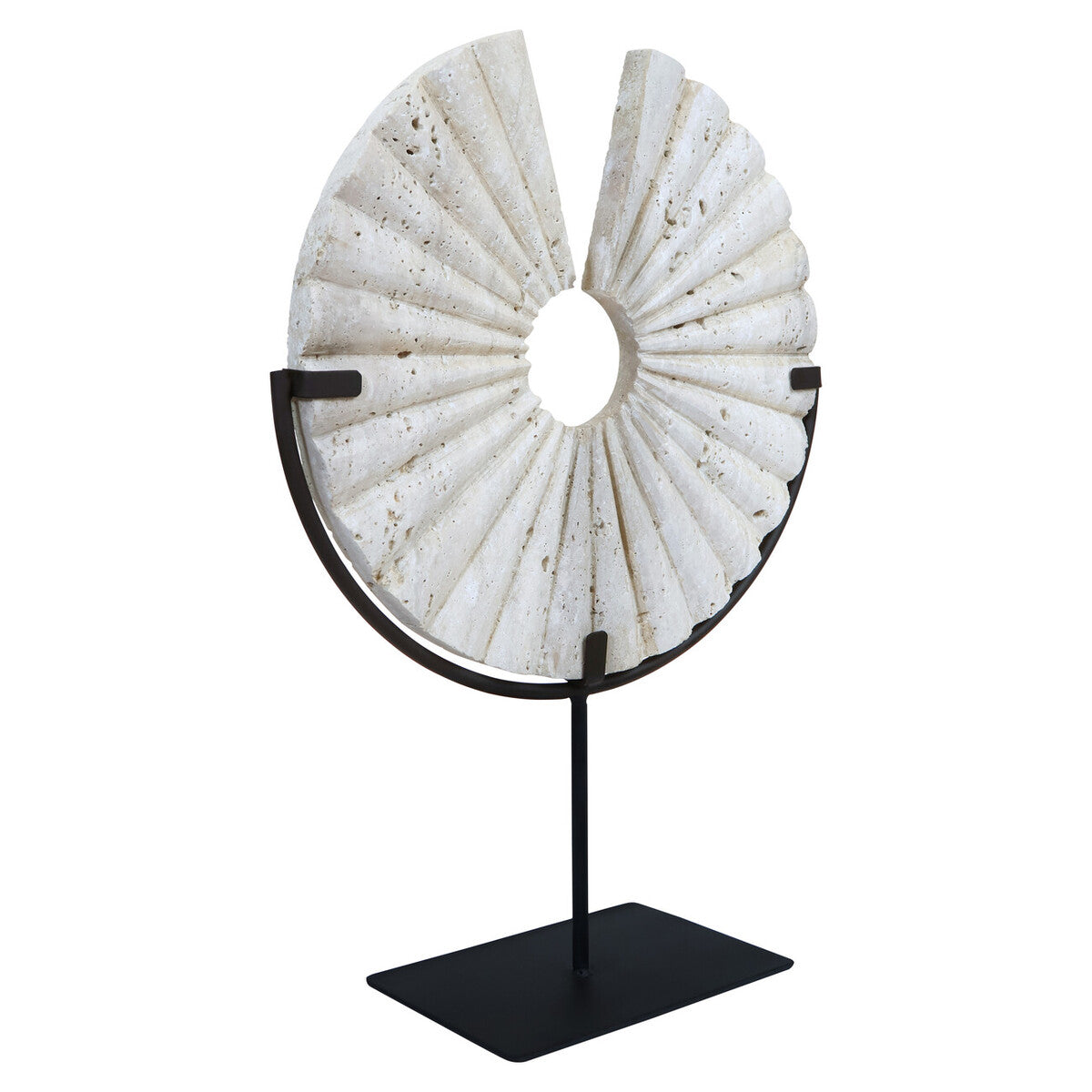 Tibor Ridged Travertine Disc Sculpture with Black Metal Base