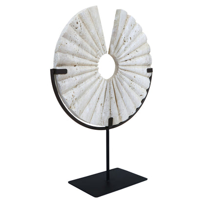 Tibor Ridged Travertine Disc Sculpture with Black Metal Base