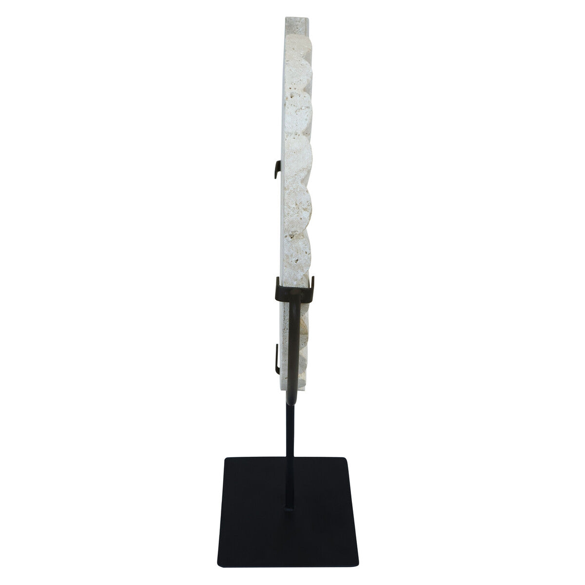 Tibor Ridged Travertine Disc Sculpture with Black Metal Base