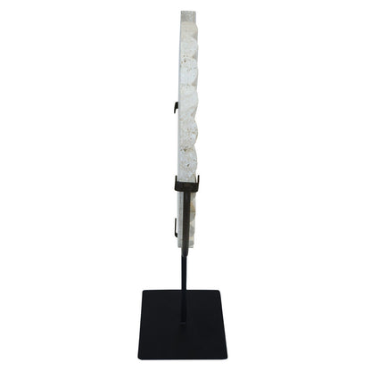Tibor Ridged Travertine Disc Sculpture with Black Metal Base