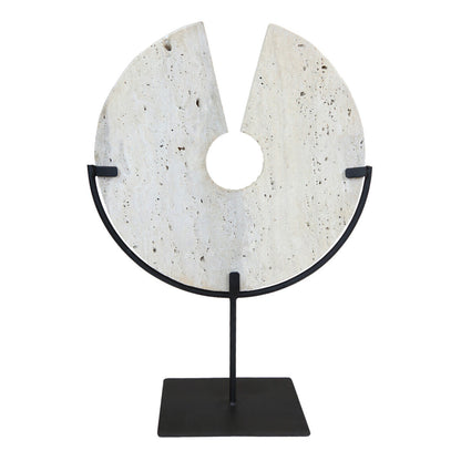 Tibor Ridged Travertine Disc Sculpture with Black Metal Base