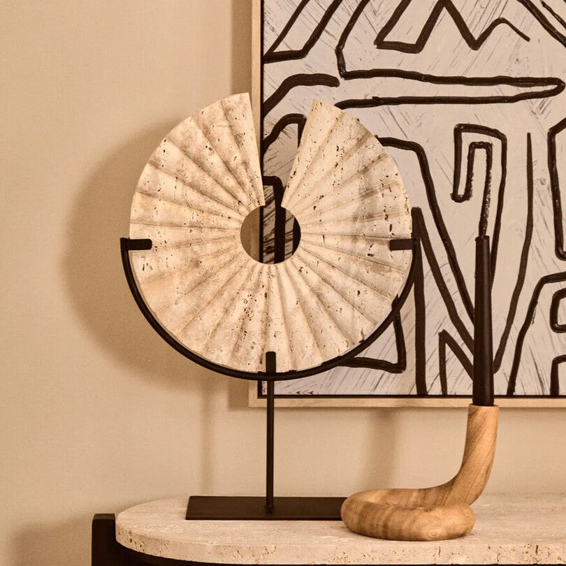 Tibor Ridged Travertine Disc Sculpture with Black Metal Base