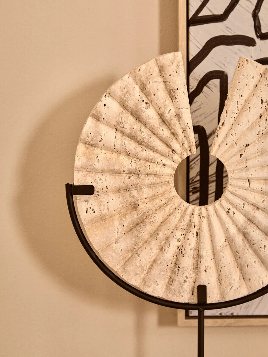 Tibor Ridged Travertine Disc Sculpture with Black Metal Base
