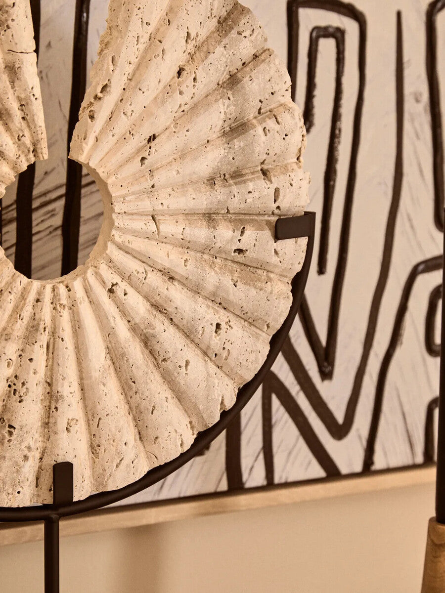 Tibor Ridged Travertine Disc Sculpture with Black Metal Base