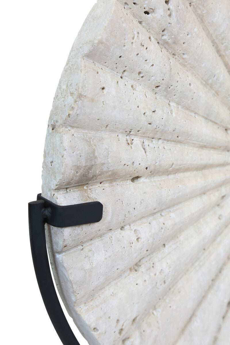 Tibor Ridged Travertine Disc Sculpture with Black Metal Base