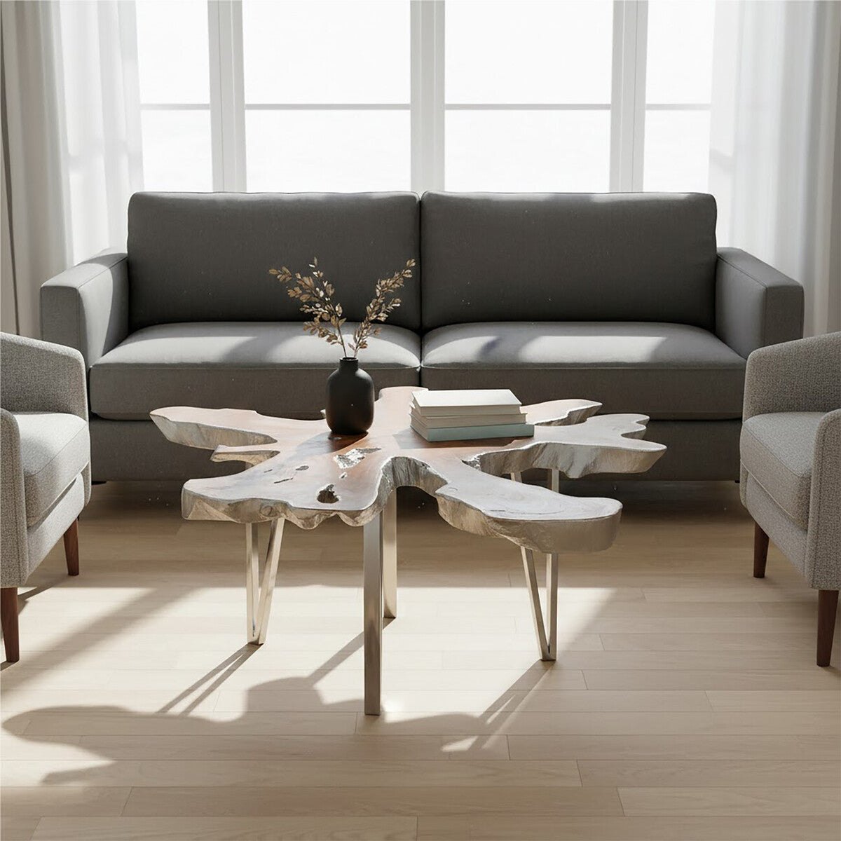 Surak teak wood star top coffee table, styled living room 2