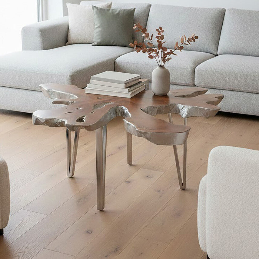 Surak teak wood star top coffee table, front view
