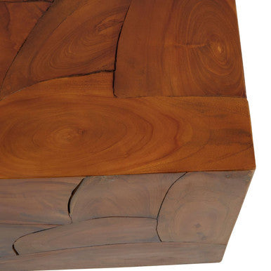 Surak teak wood square cuboid coffee table, close up view 1