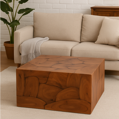 Surak teak wood square cuboid coffee table, front view