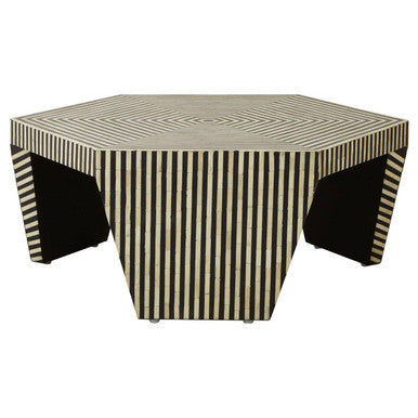 Fusion bone inlay hexagonal coffee table, front view