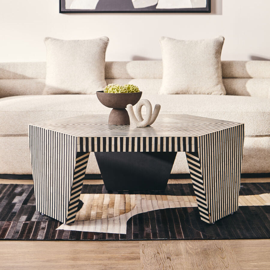Fusion bone inlay hexagonal coffee table, styled living room 1