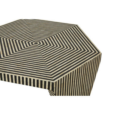 Fusion bone inlay hexagonal coffee table, close up view 1