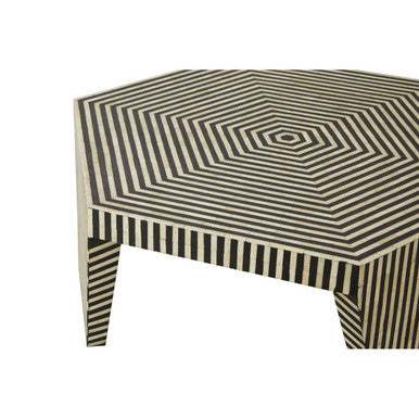 Fusion bone inlay hexagonal coffee table, close up view 2