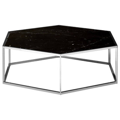 Piermount black marble hexagon coffee table, tabletop detail