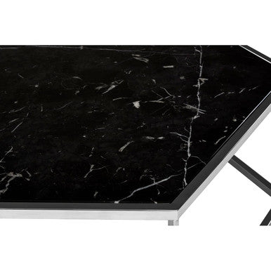 Piermount black marble hexagon coffee table, close up view 2