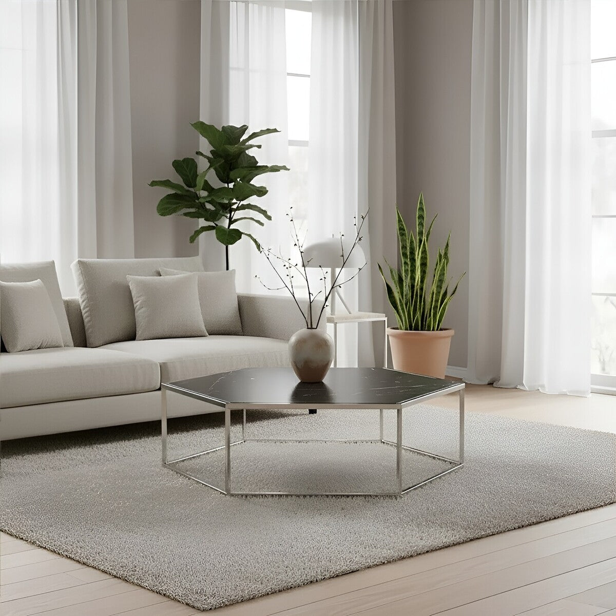 Piermount black marble hexagon coffee table, styled living room