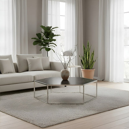 Piermount black marble hexagon coffee table, styled living room